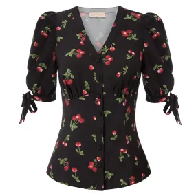 Cherries Pattern Short Puff Sleeves V-Neck Button Placket Blouse