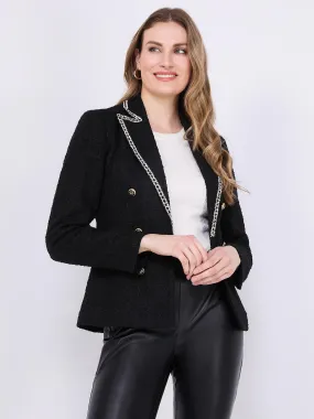 Contrast Trim Faux Double-Breasted Boucle Blazer