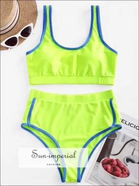 Contrast Trim High Rise Padded Tankini Swimwear Bikini Set