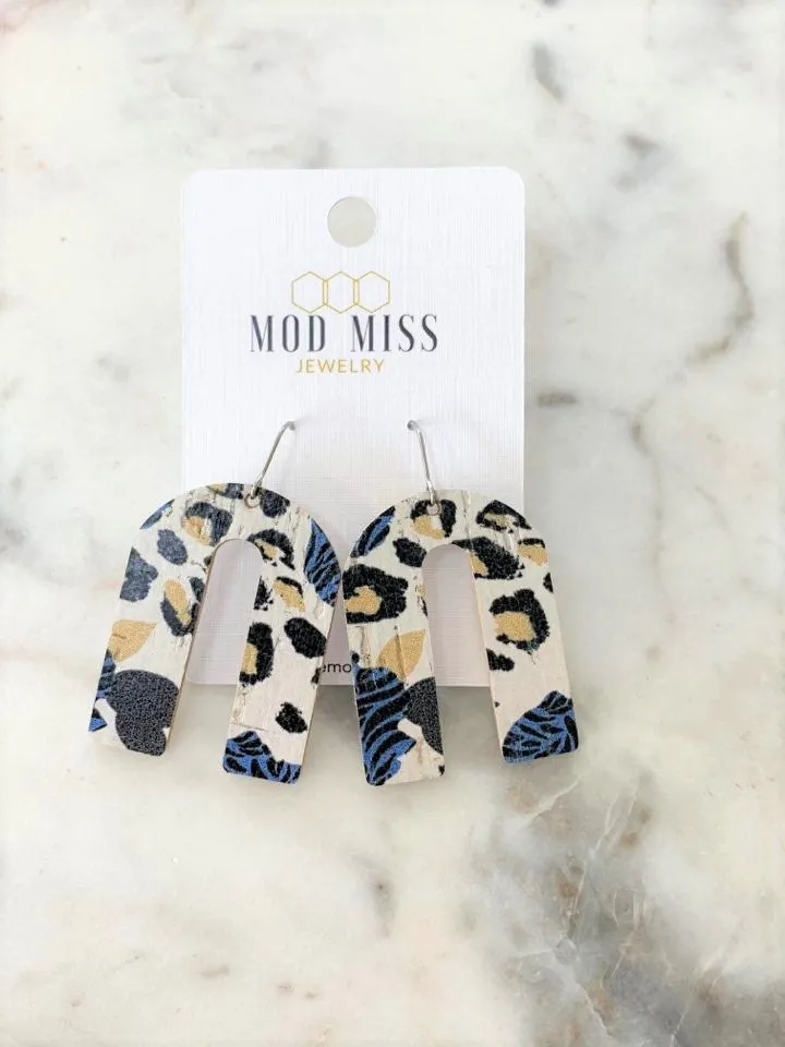 Cork Leather Arch Earring Leopard Blue