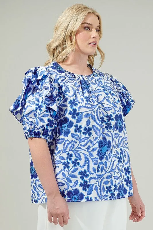 Curvy Blue and White Floral Top