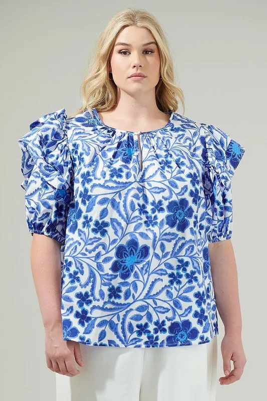 Curvy Blue and White Floral Top