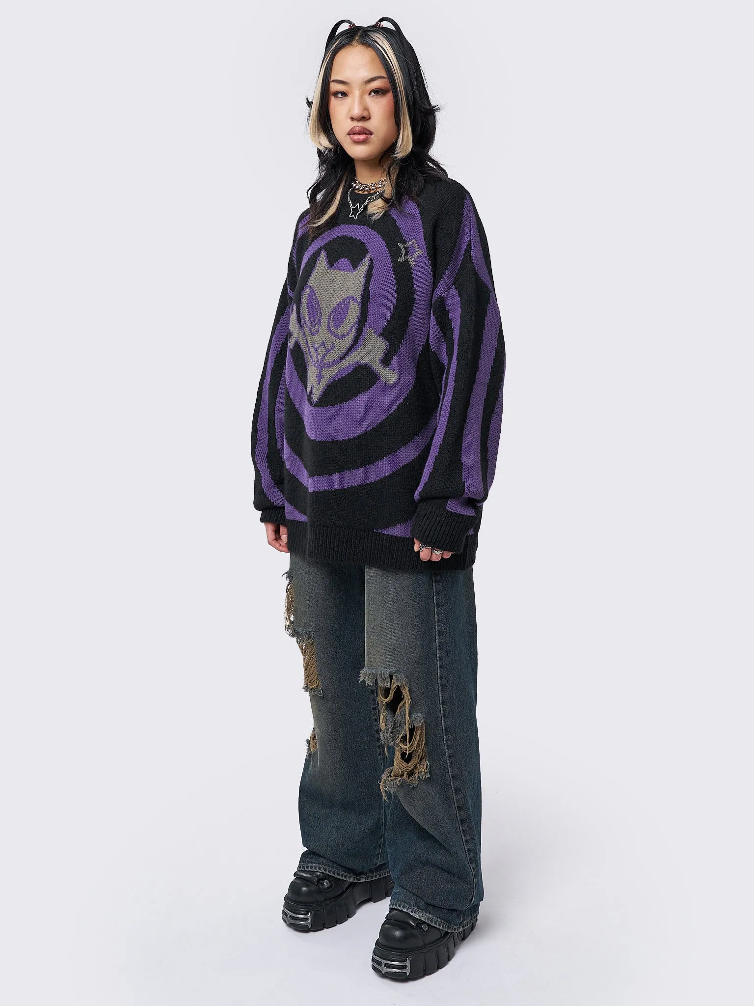 Cyber Kitty Swirl Graphic Knit Sweater