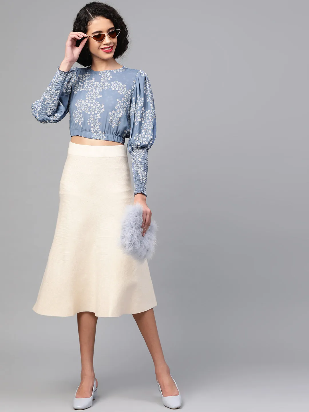 Dark Blue Floral Smocking Sleeve Crop Top