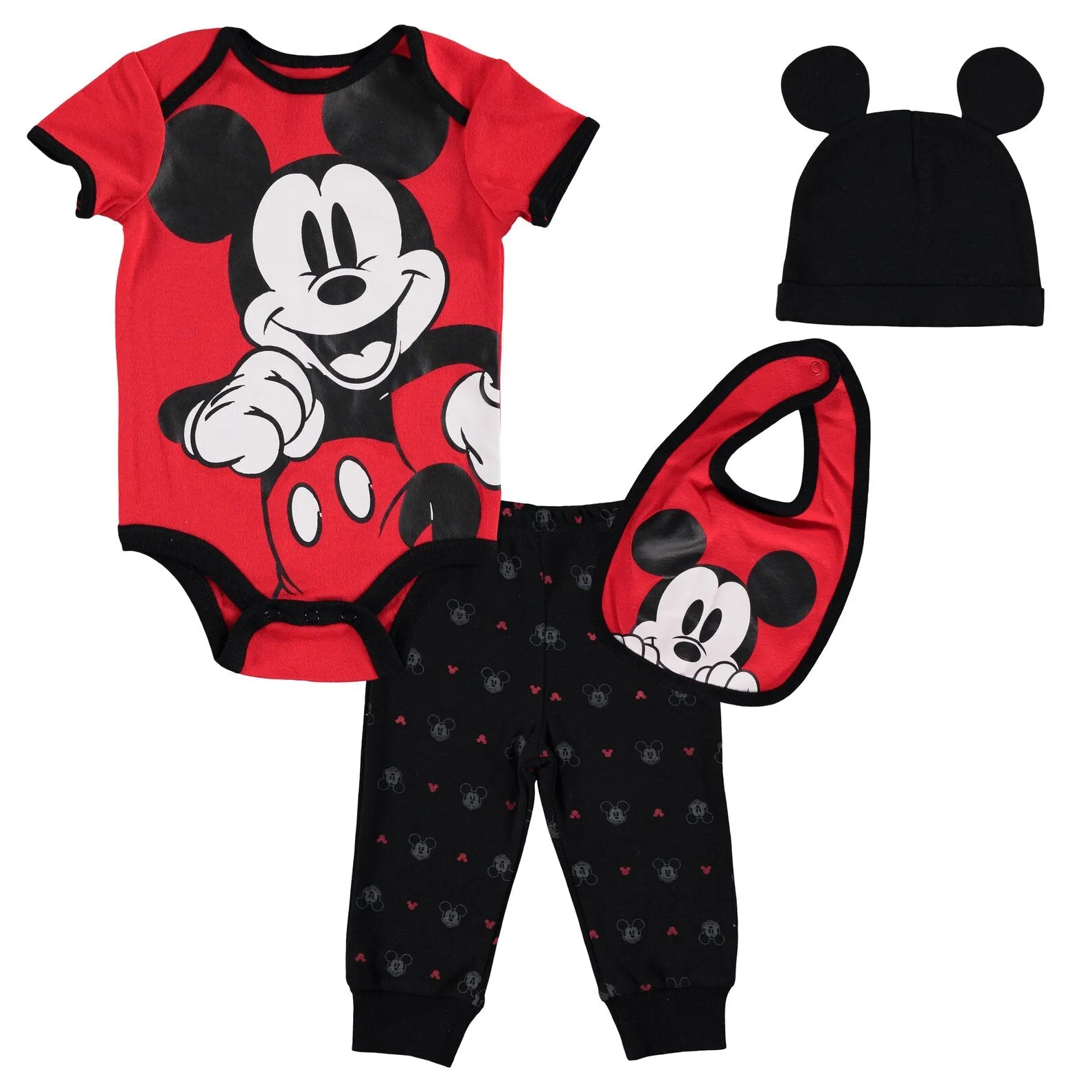 Disney Mickey Mouse Bodysuit Pants Bib and Hat 4 Piece Outfit Set