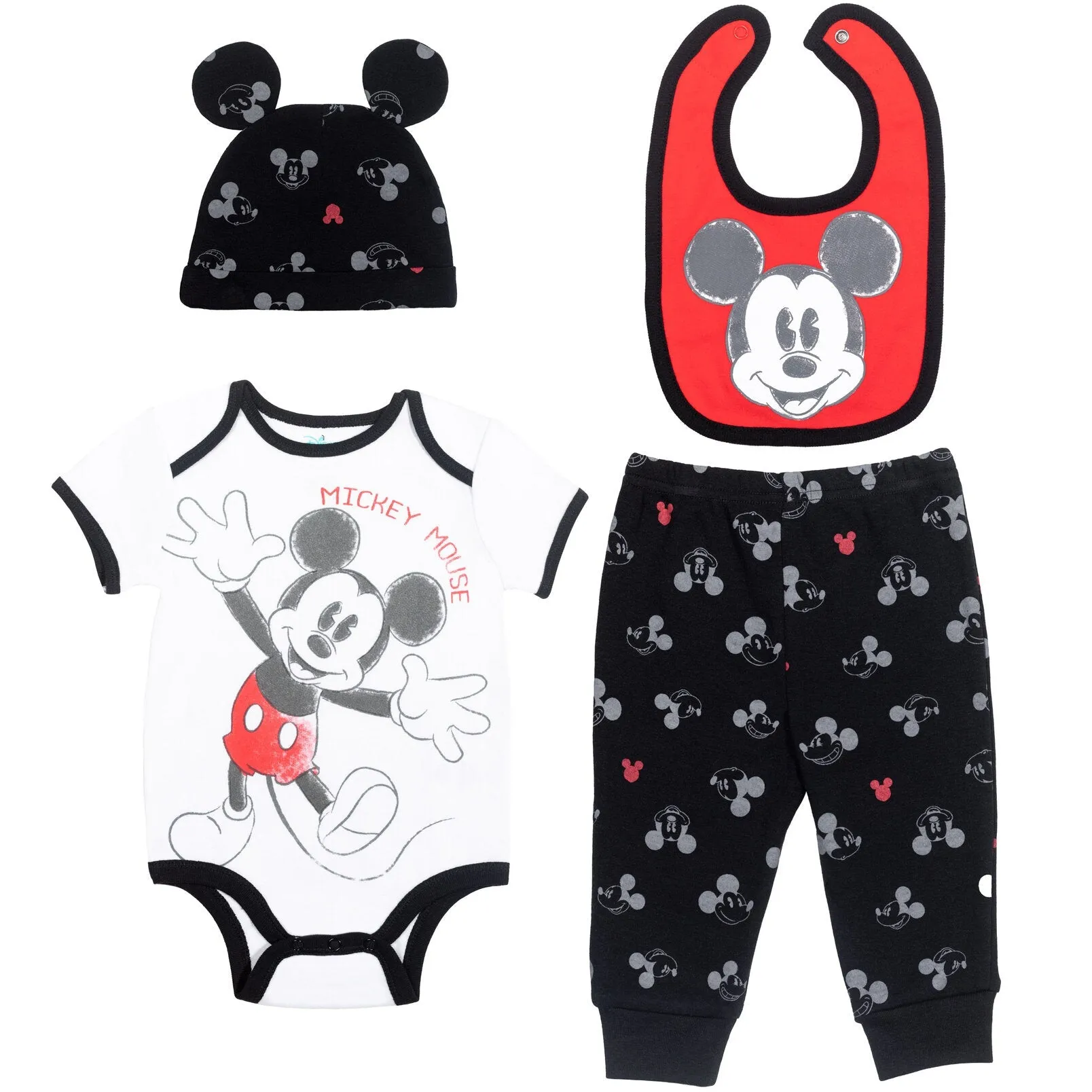 Disney Mickey Mouse Bodysuit Pants Bib and Hat 4 Piece Outfit Set