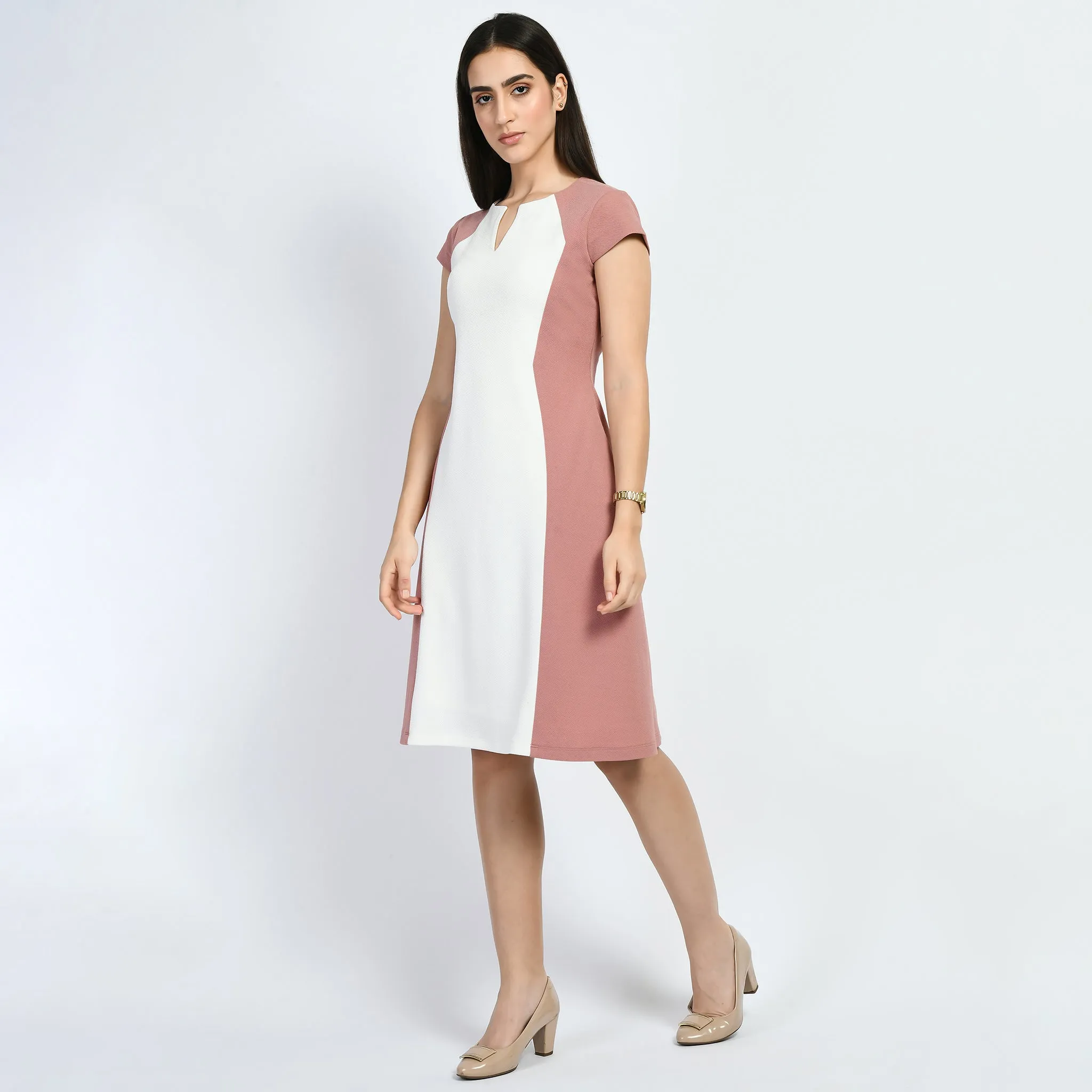 Exude Awe Colour-blocked Sculpt A-line Dress (Cherry Pink)