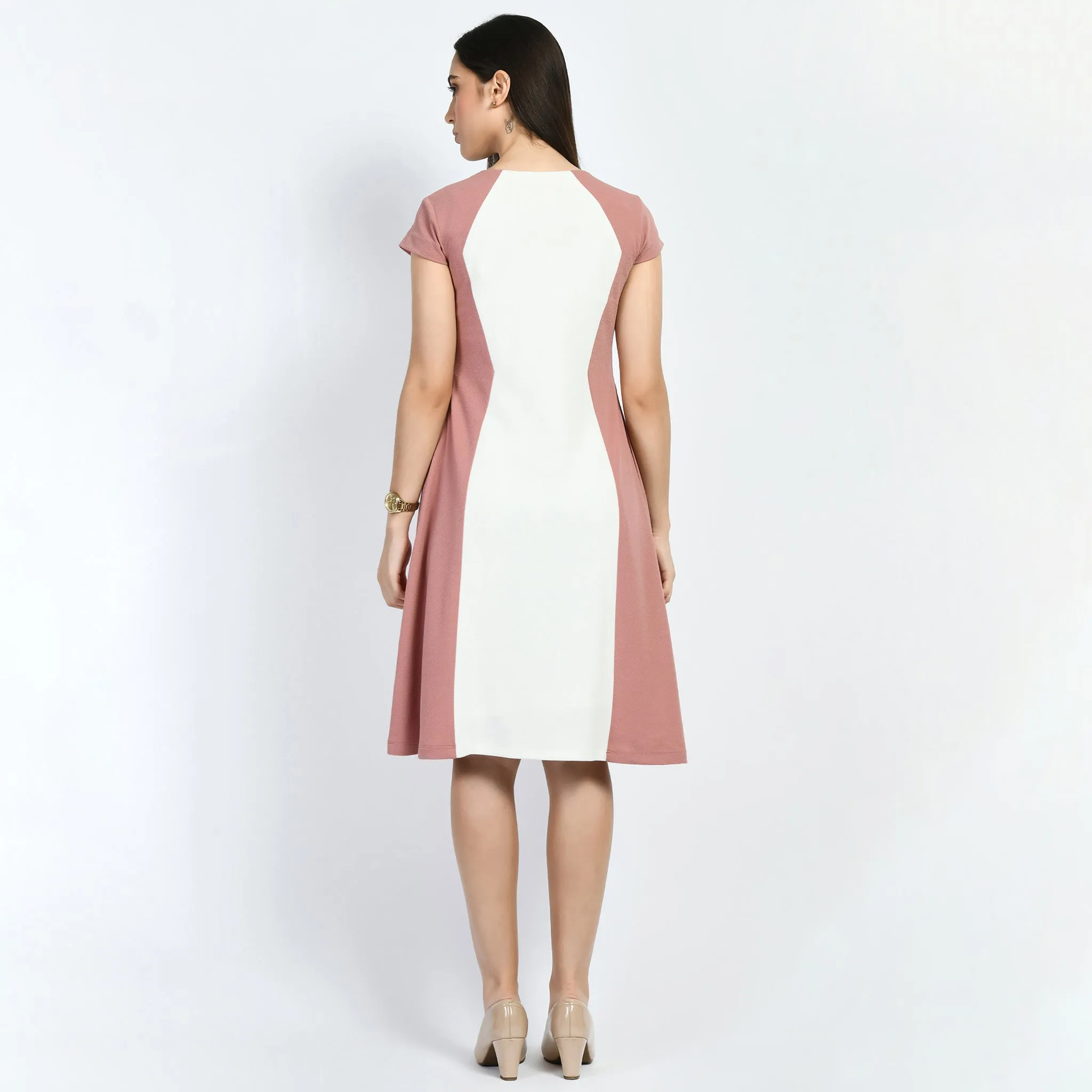 Exude Awe Colour-blocked Sculpt A-line Dress (Cherry Pink)