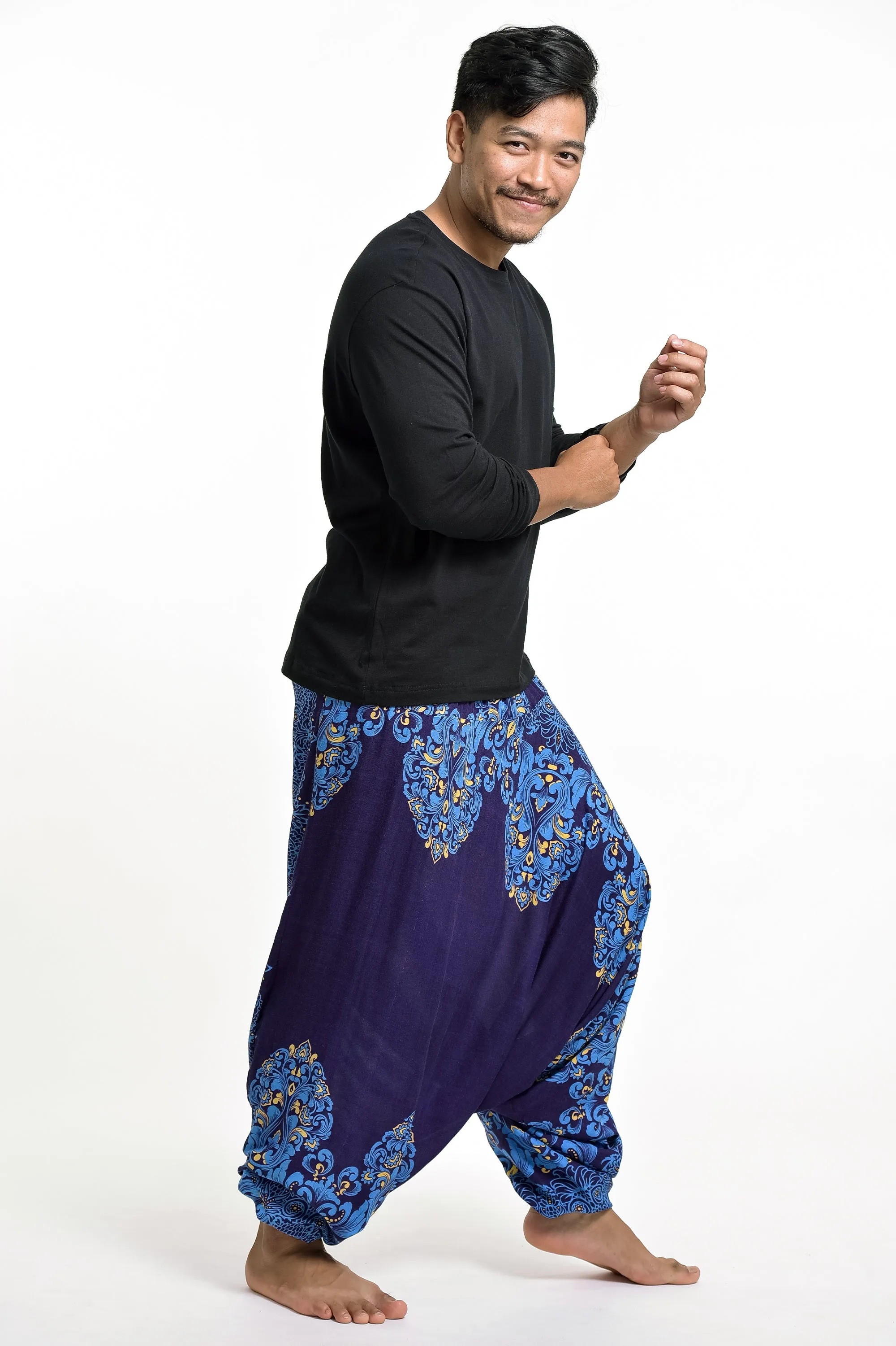 Floral Vines Drop Crotch Men's Harem Pants in Blue