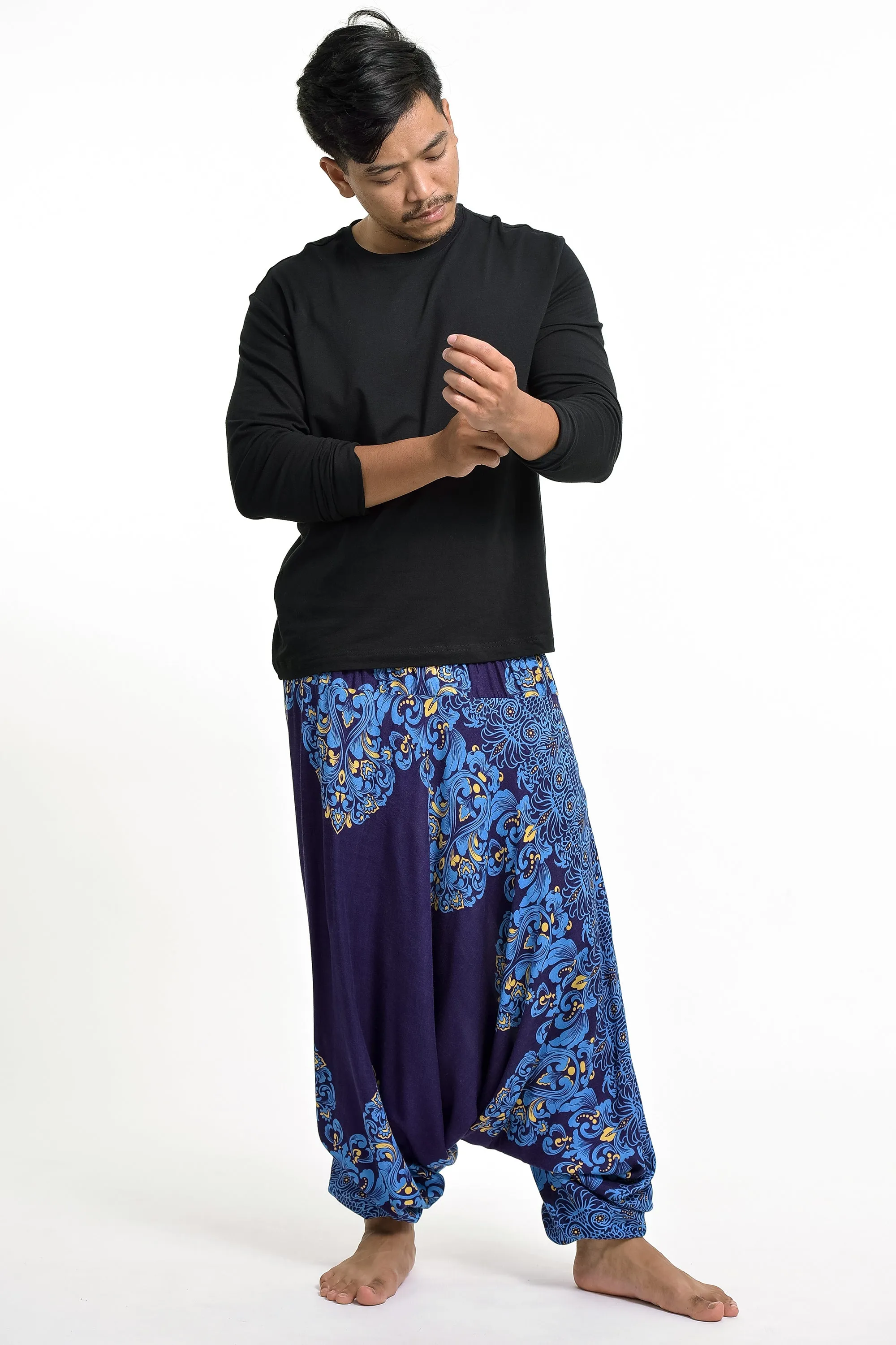 Floral Vines Drop Crotch Men's Harem Pants in Blue