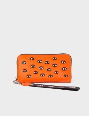 Francis Neon Orange Leather Wallet - All Over Eyes Embroidery