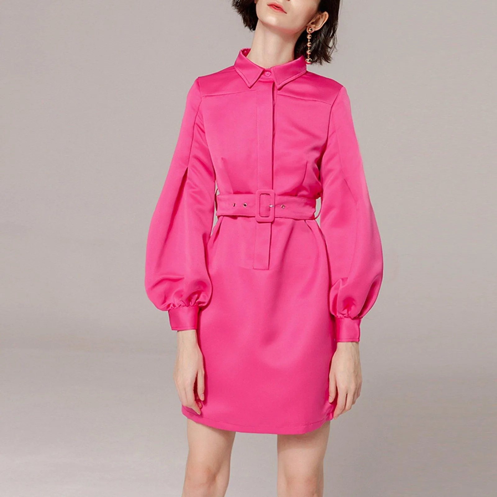 Fuchsia Long Puff Sleeve Belted Shirtdress