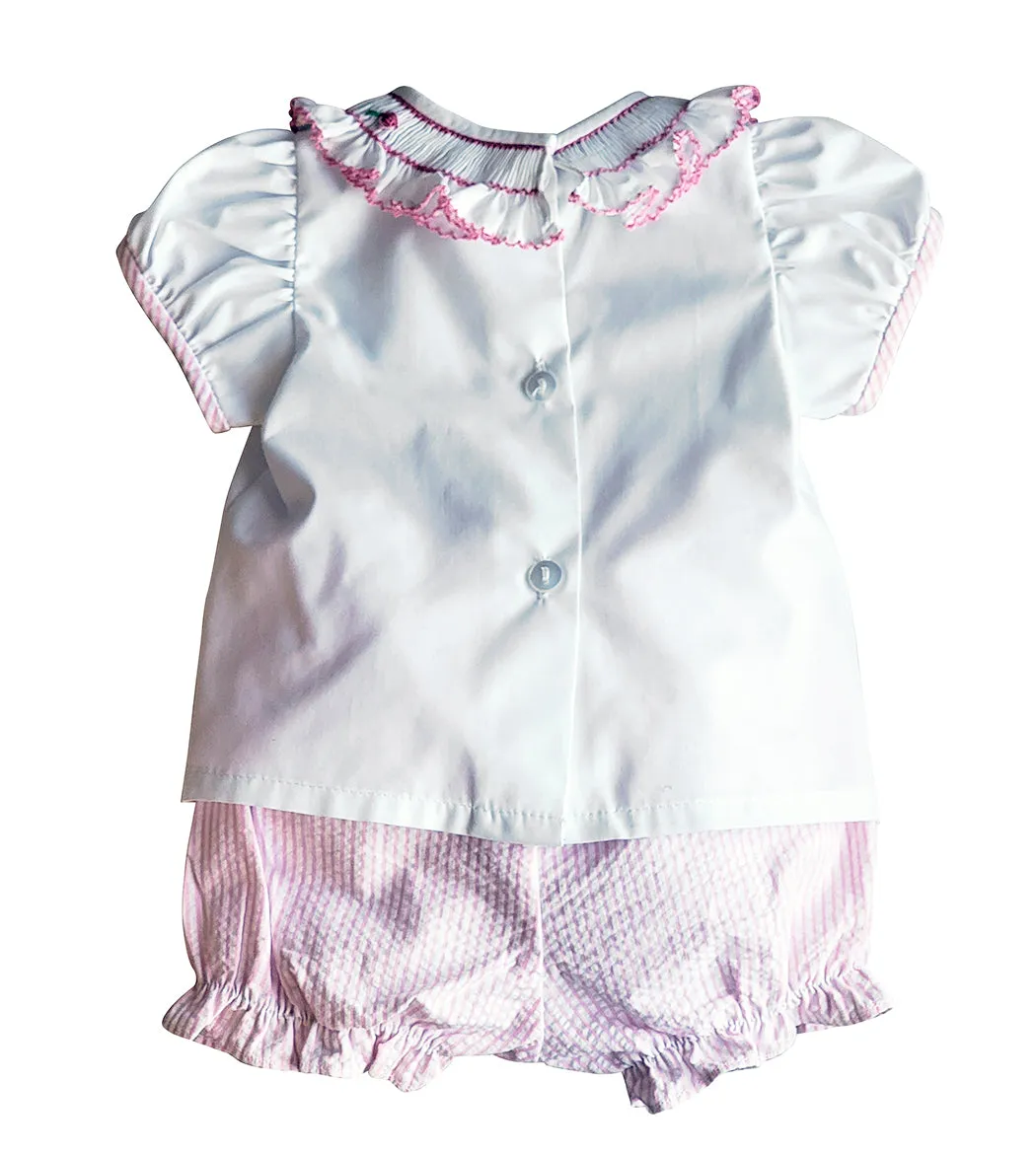 Girl's "Lara" Hand Smocked Seersucker Diaper Set