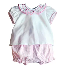 Girl's "Lara" Hand Smocked Seersucker Diaper Set