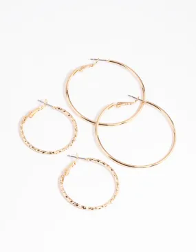 Gold Textured Hoop Earring Set