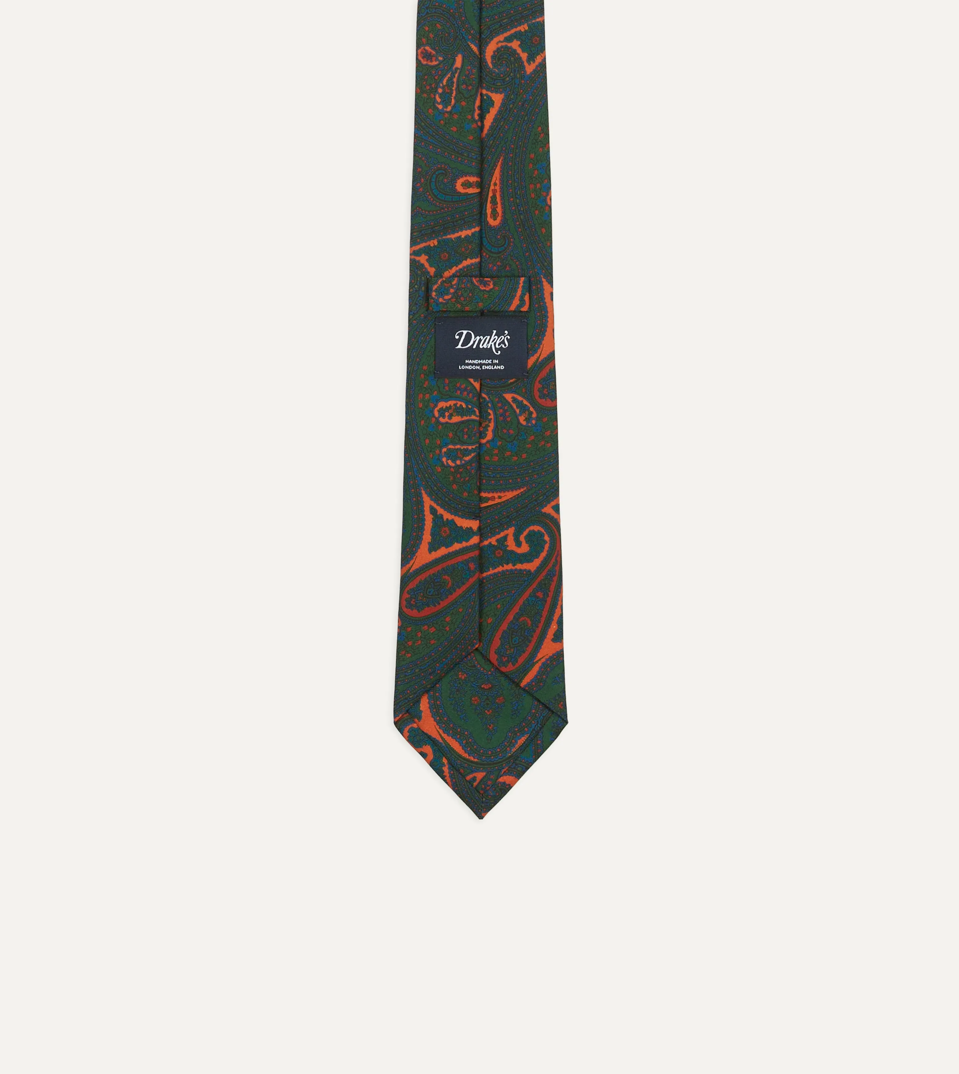 Green and Orange Large Paisley Print Madder Silk Self Tipped Tie