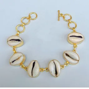 Handmade Bezel Set Cowrie Shell Adjustable Bracelet Made 18K Gold Plated