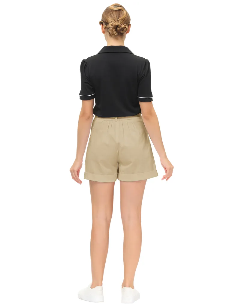 High Waist Fold-up Leg Opening Cotton Shorts with Pockets