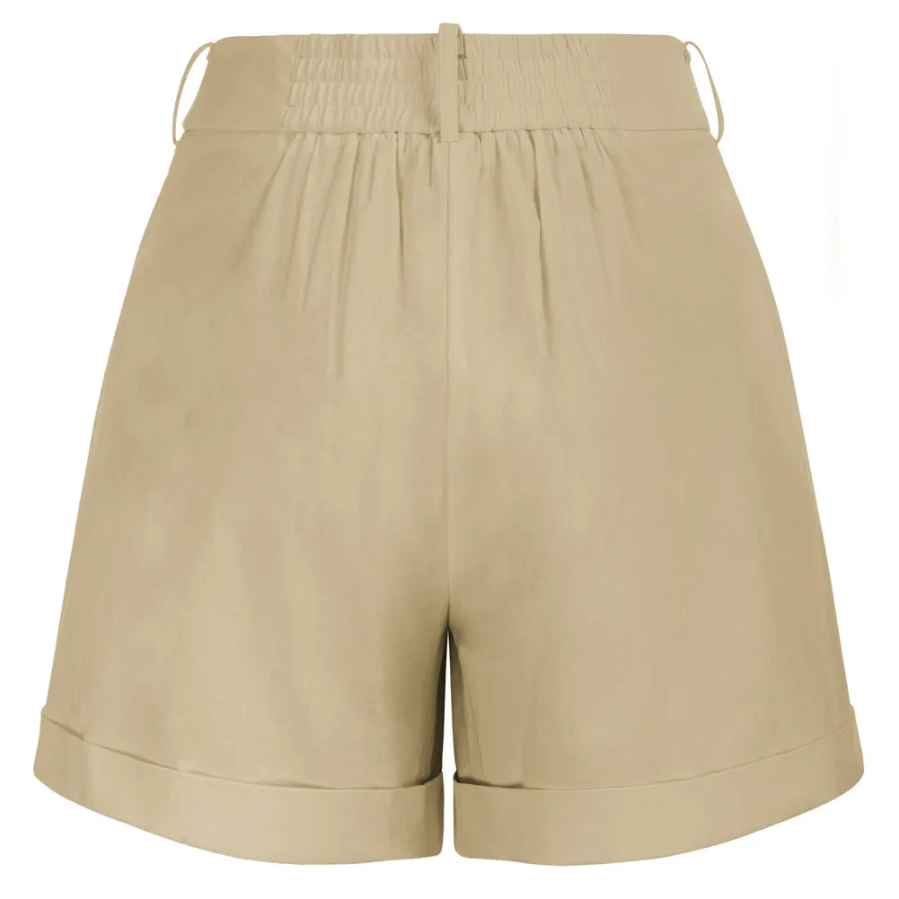 High Waist Fold-up Leg Opening Cotton Shorts with Pockets