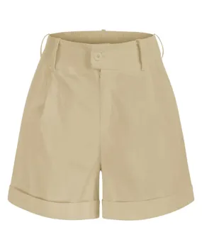 High Waist Fold-up Leg Opening Cotton Shorts with Pockets