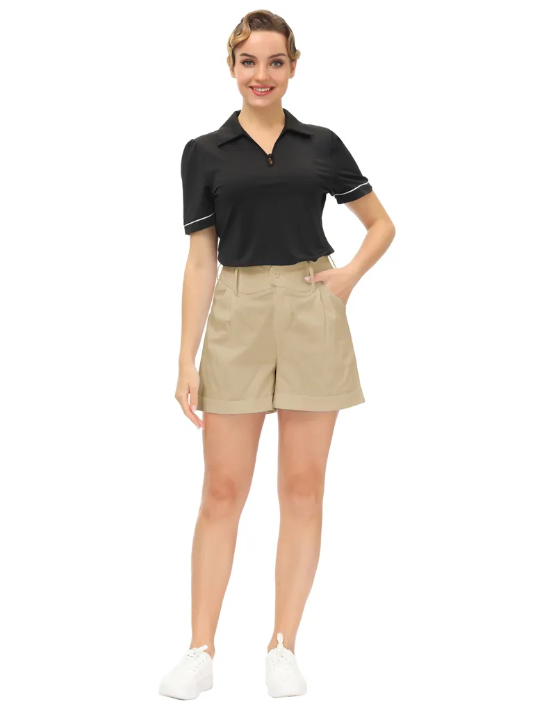 High Waist Fold-up Leg Opening Cotton Shorts with Pockets