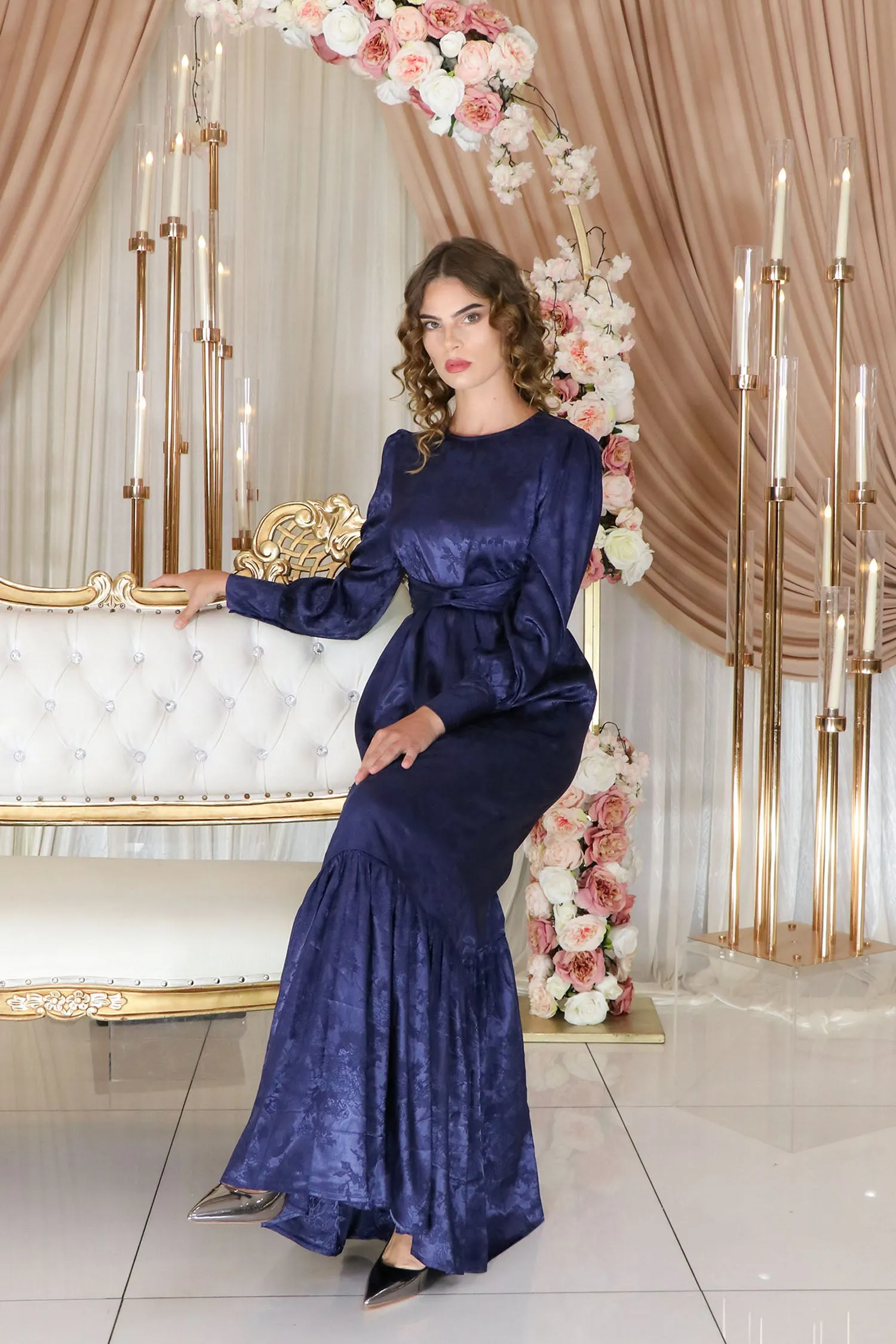 Jasmine Satin Wrap Dress- Navy Blue