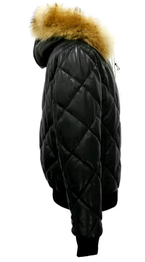 Joel quilted puffer winter leather jacket with diamond stitching and fur hoodie