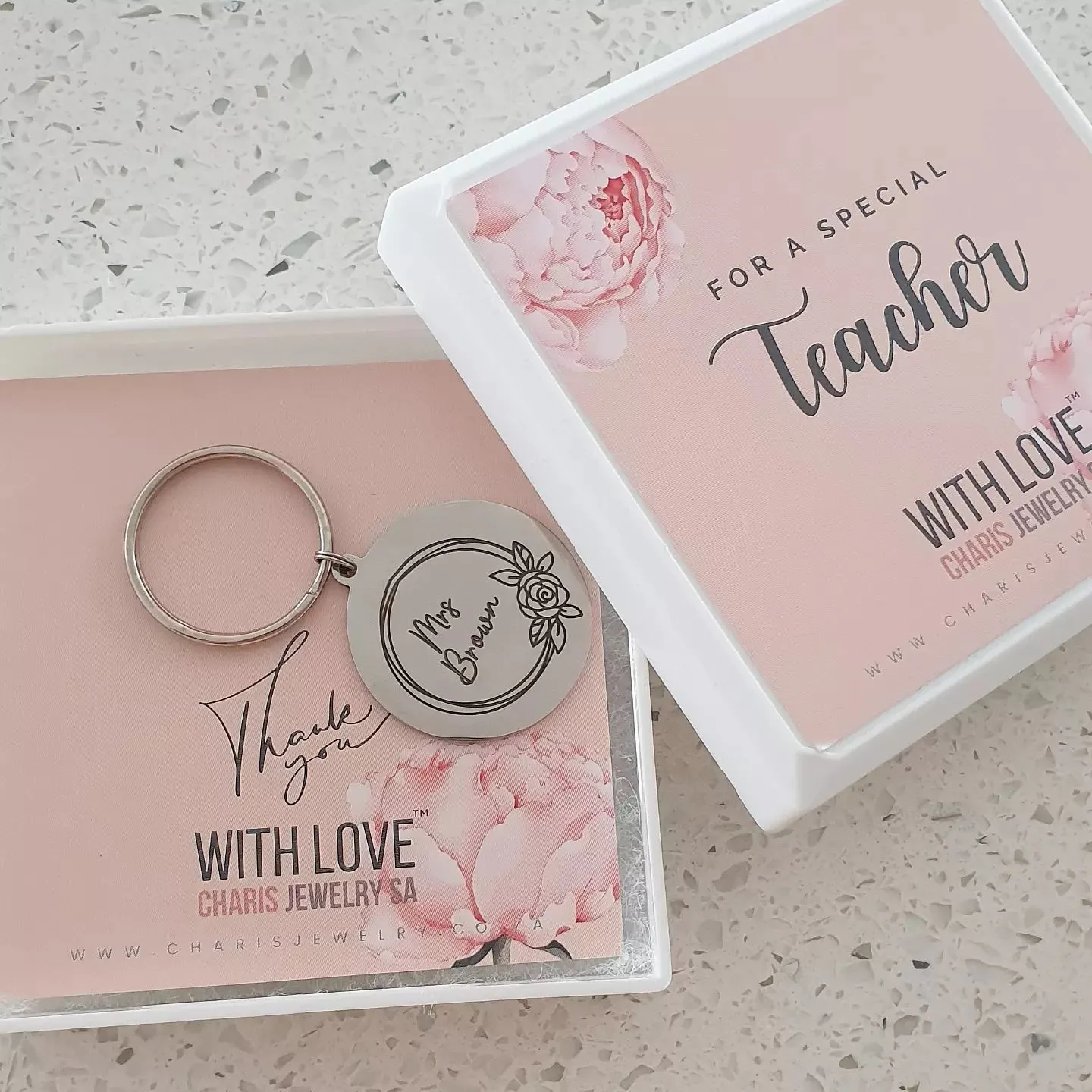 KE-19T9 - Personalized Teachers Gift Keyring in Pink Flower Gift Box, Stainless Steel