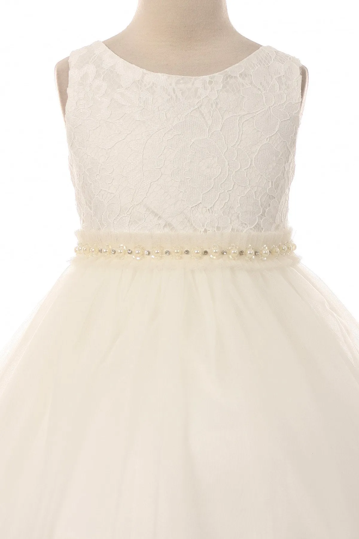 Lace Illusion Girls Dress with Mesh Pearl Trim