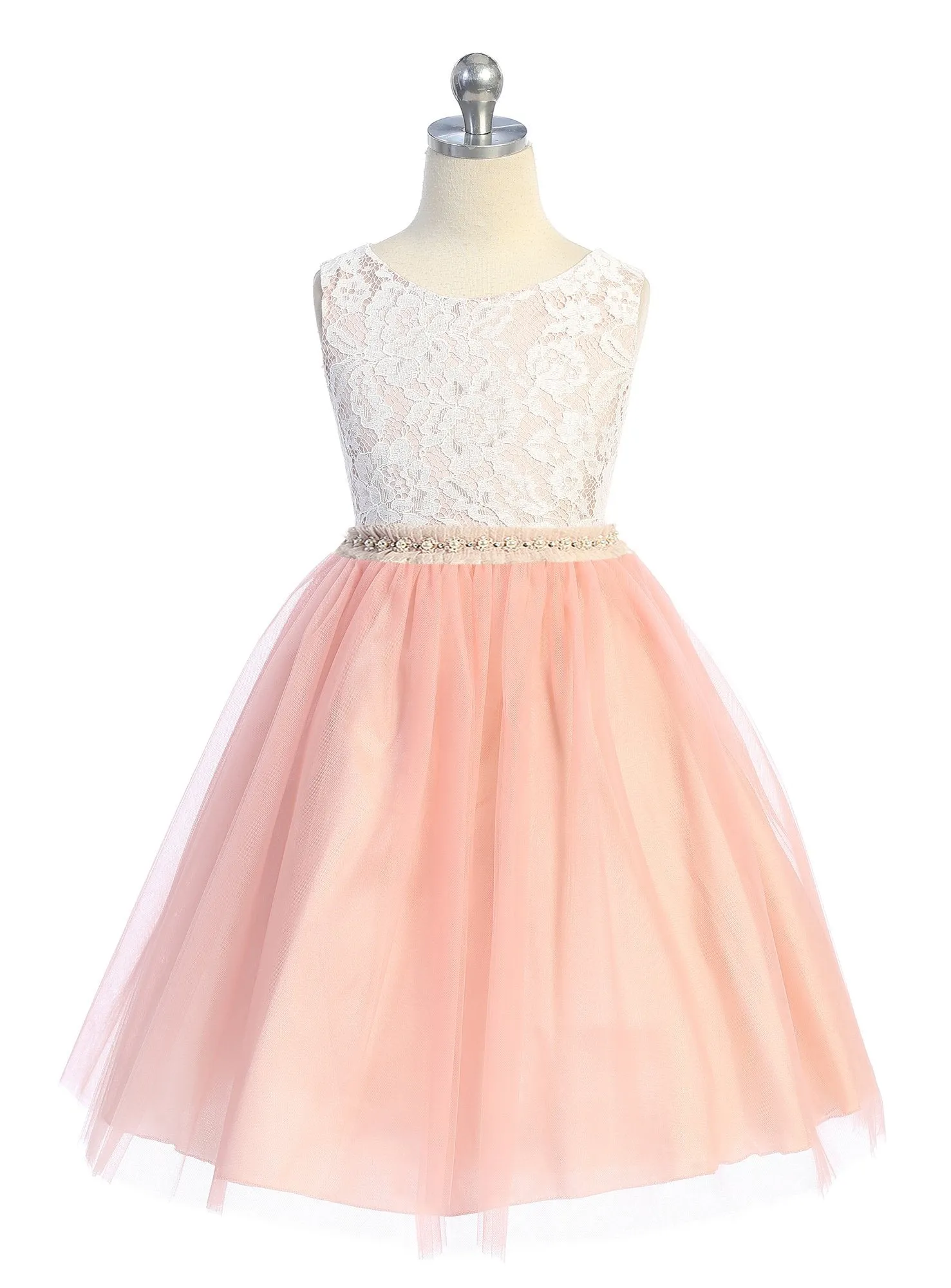 Lace Illusion Girls Dress with Mesh Pearl Trim