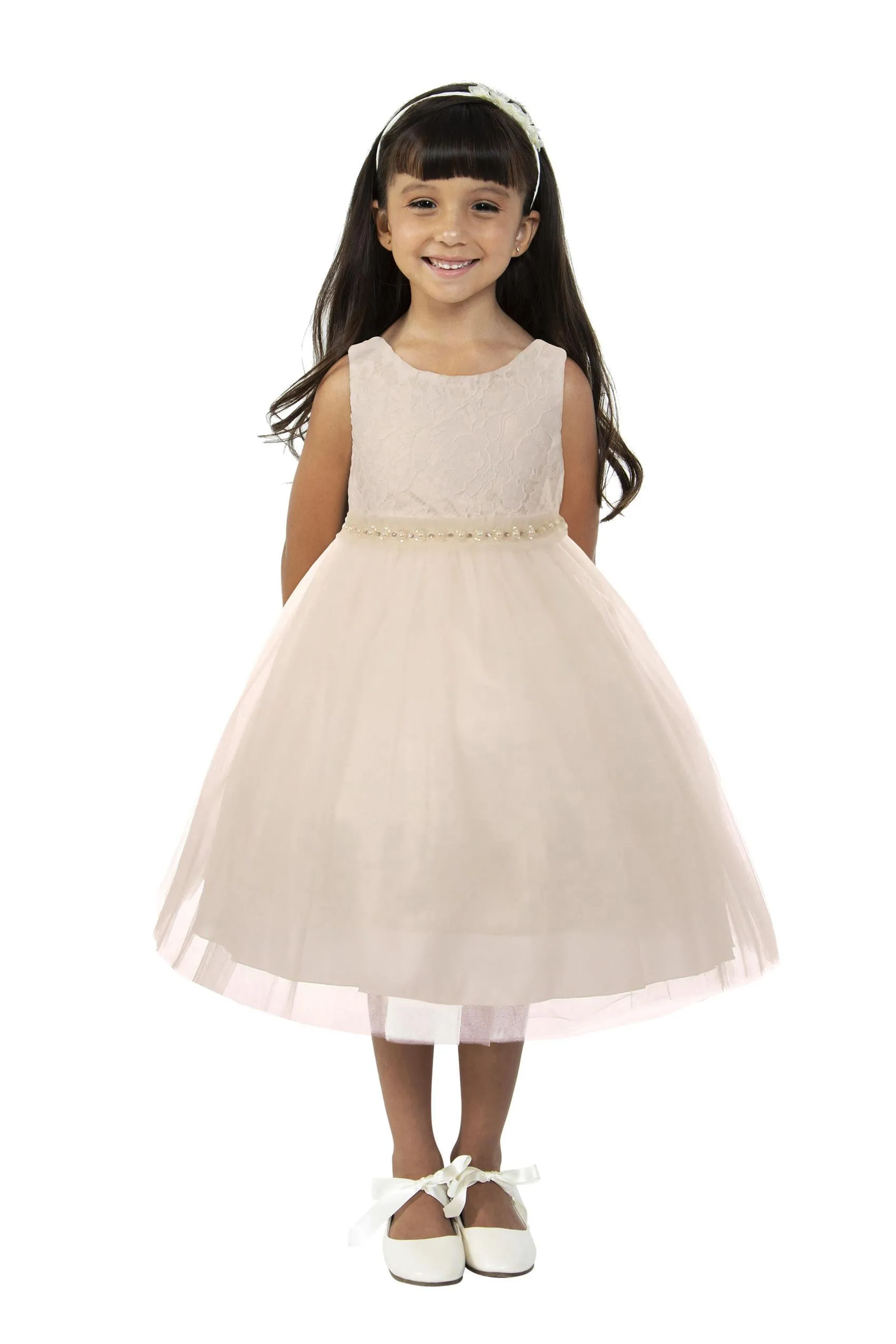 Lace Illusion Girls Dress with Mesh Pearl Trim