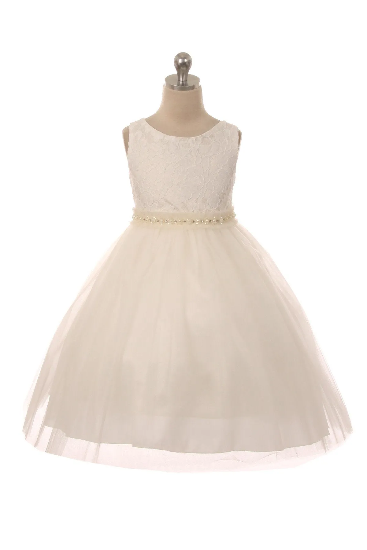 Lace Illusion Girls Dress with Mesh Pearl Trim