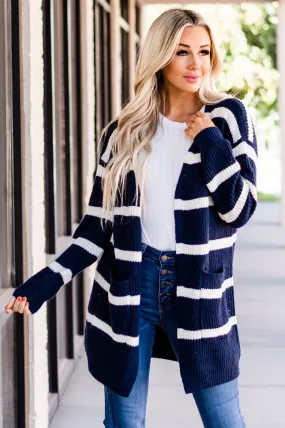 Long Cozy Striped Cardigan: Navy/Ivory