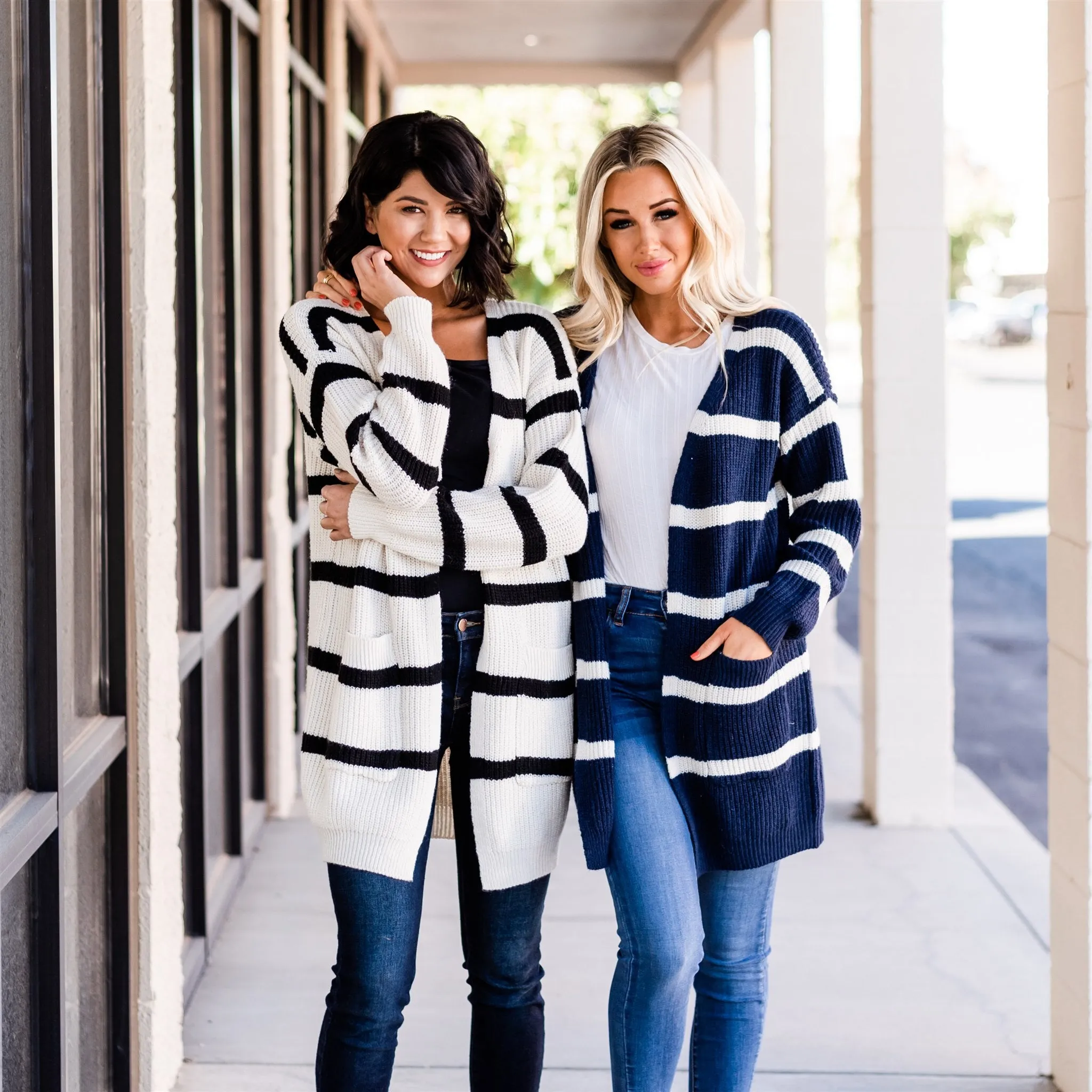 Long Cozy Striped Cardigan: Navy/Ivory