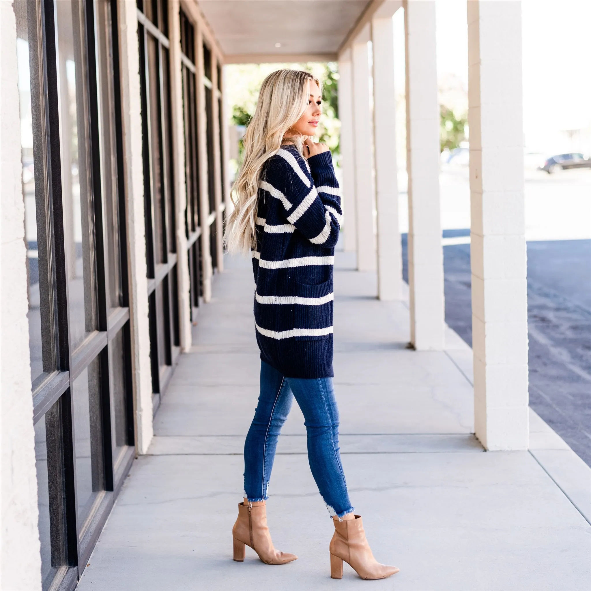 Long Cozy Striped Cardigan: Navy/Ivory