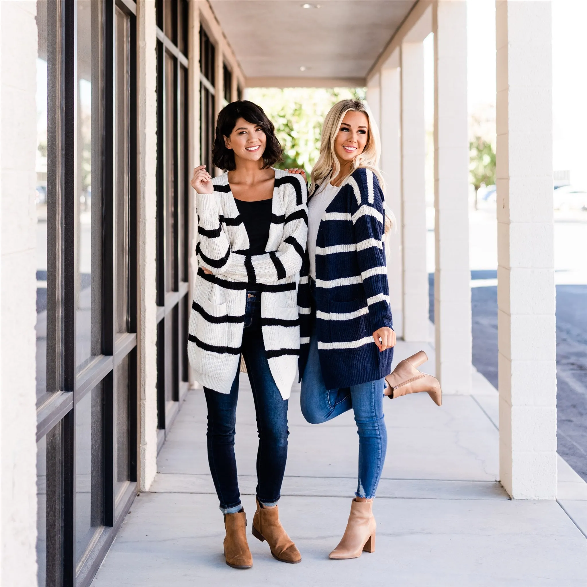 Long Cozy Striped Cardigan: Navy/Ivory