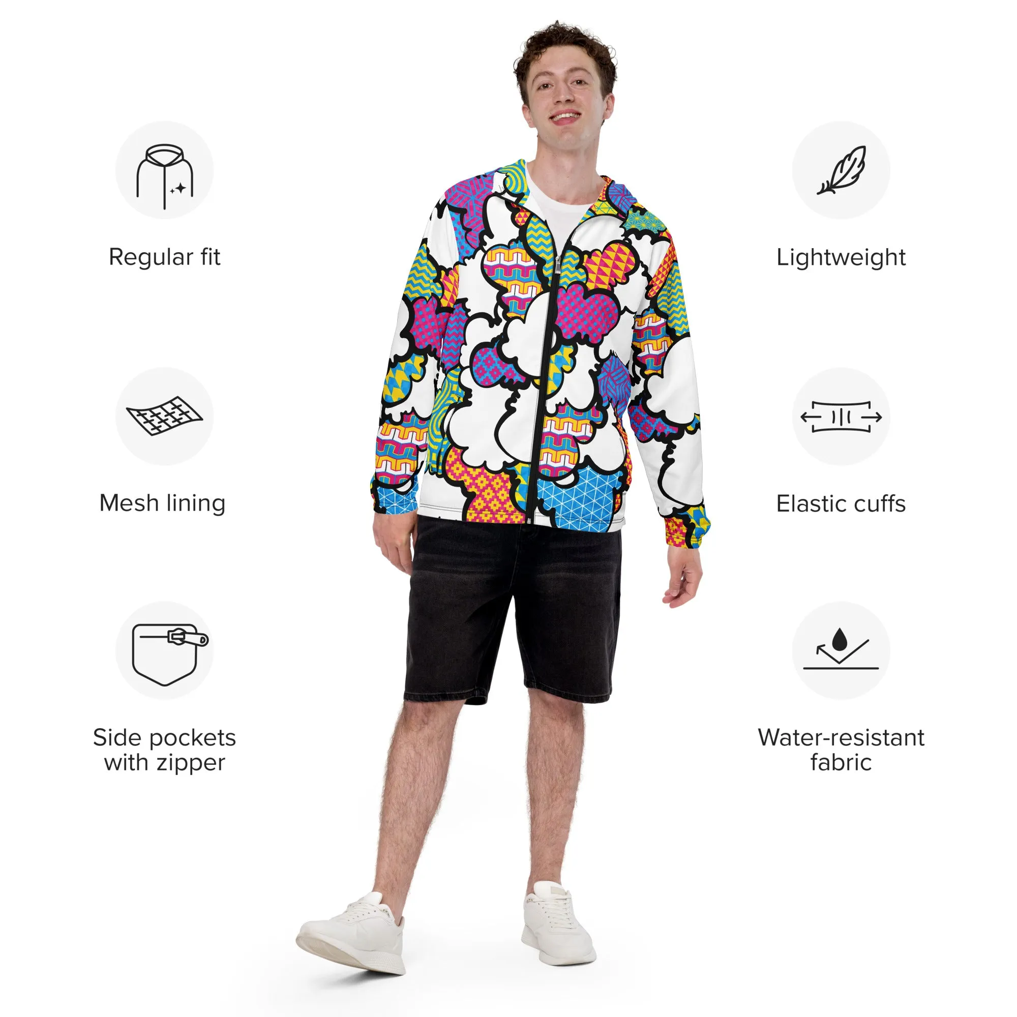 Men's CMYK Graffiti Clouds Zipped Windbreaker Hoodie 001