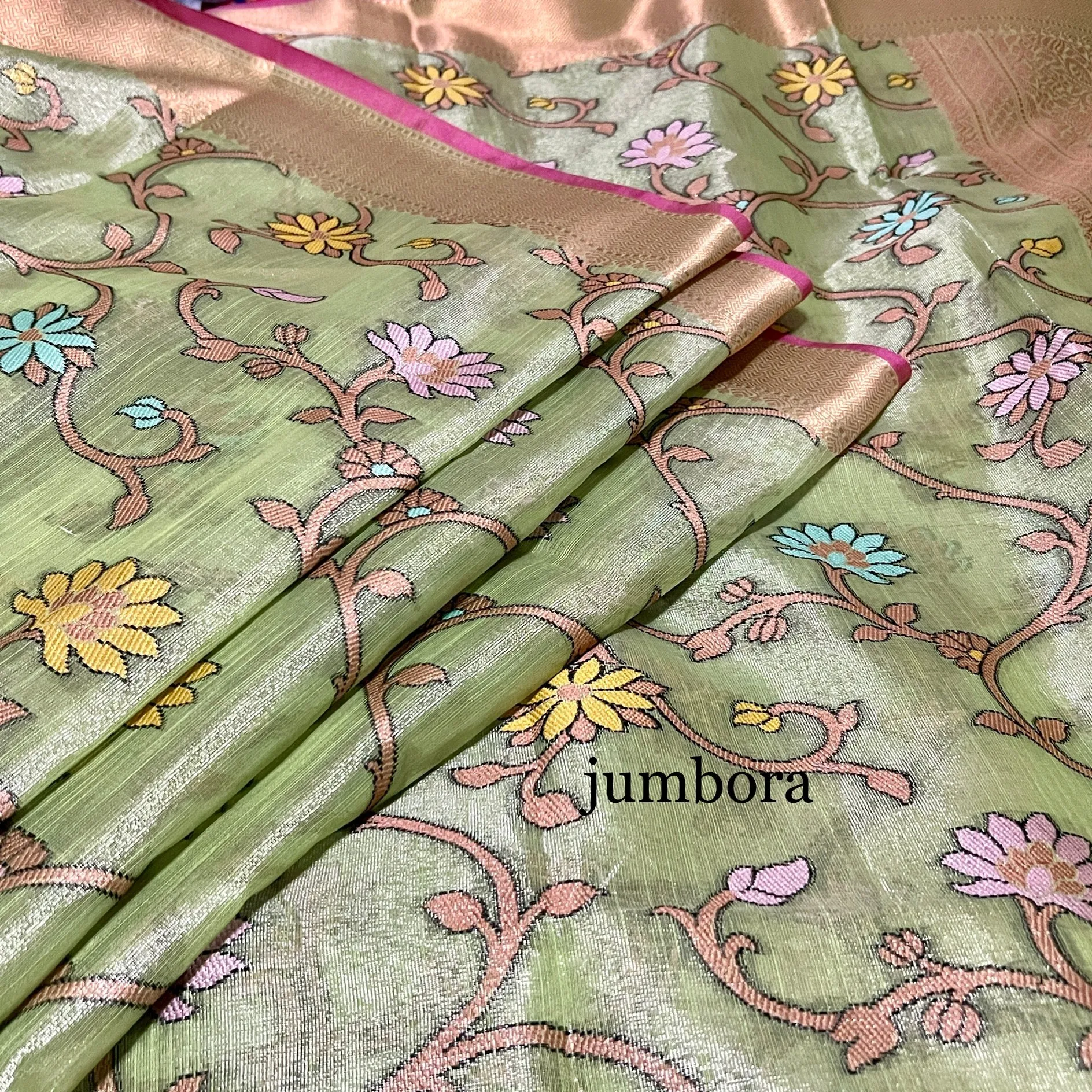 Mint Green Woven Embroidery Chanderi Tissue Silk Saree with Stitched blouse