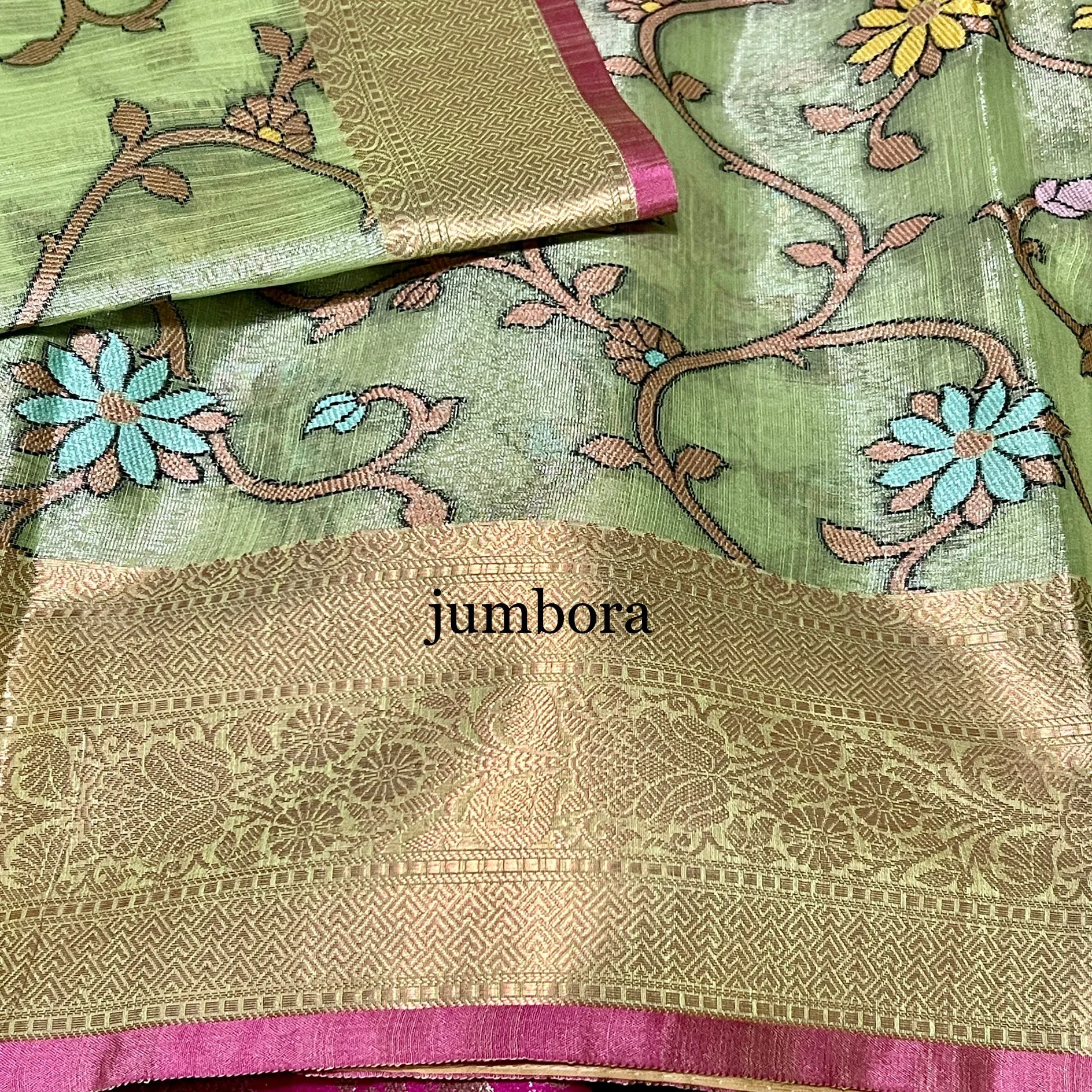 Mint Green Woven Embroidery Chanderi Tissue Silk Saree with Stitched blouse