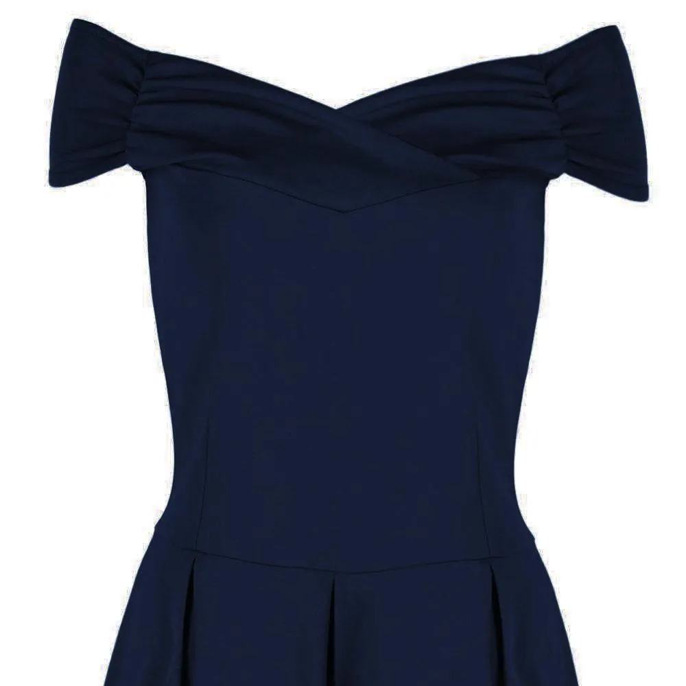 Navy Blue Crossover Vintage Bardot 50s Swing Dress