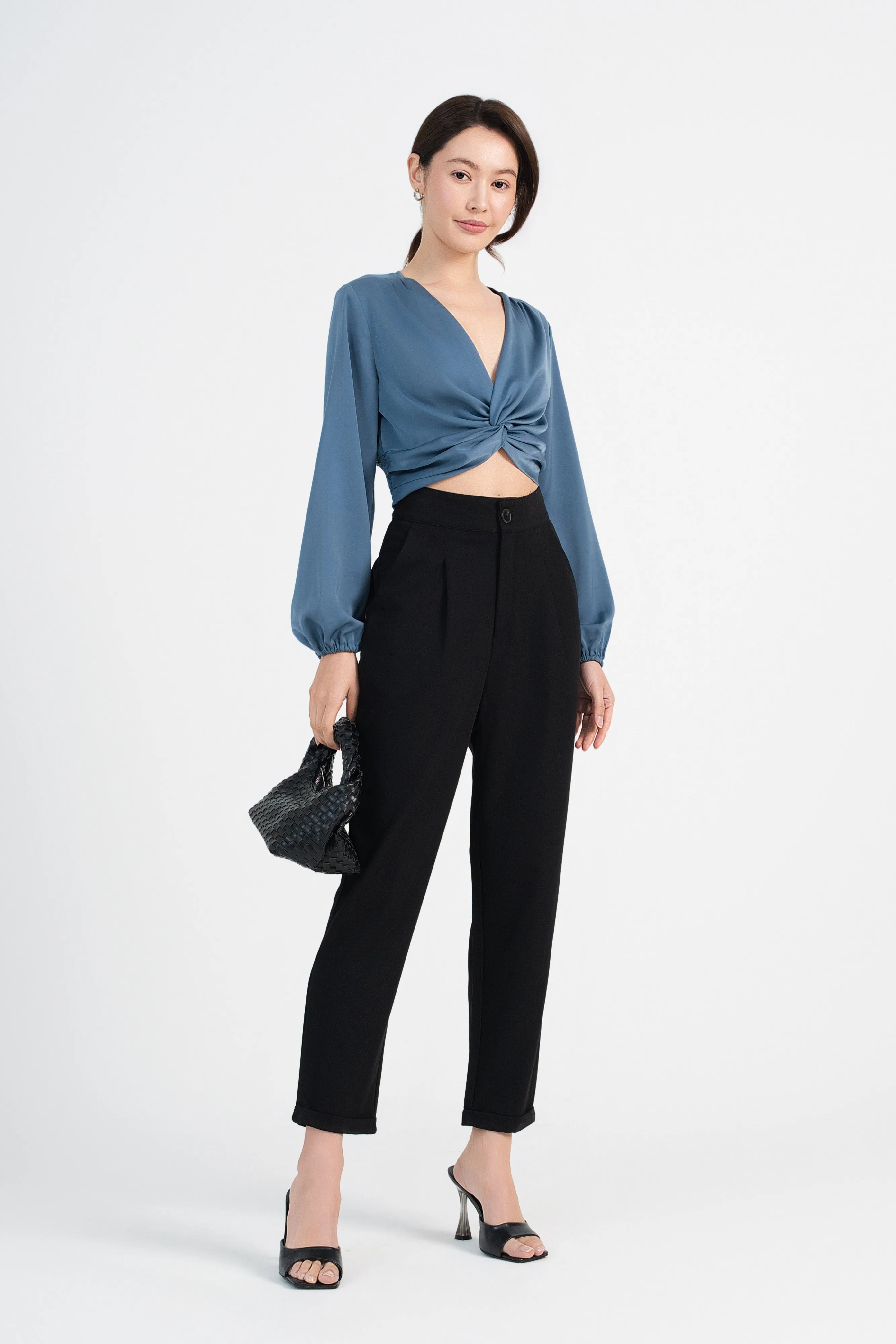 Nikita Satin Twist Front Crop Top in Steel Blue