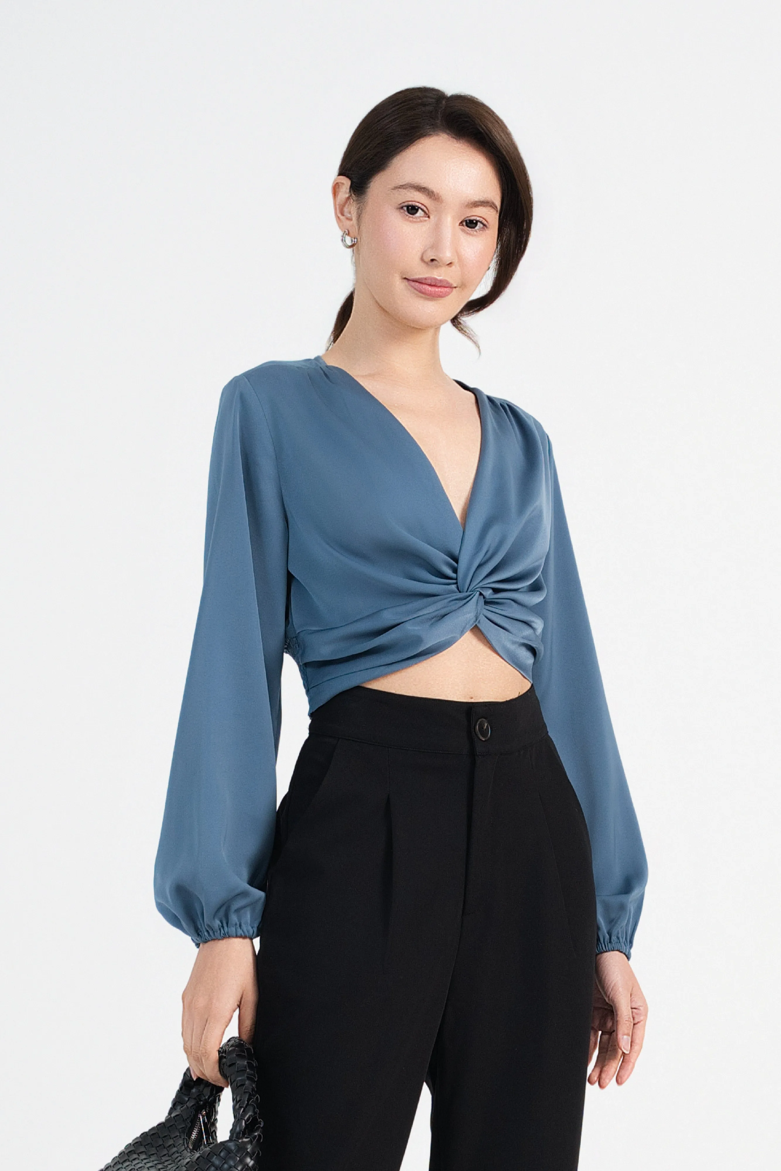 Nikita Satin Twist Front Crop Top in Steel Blue