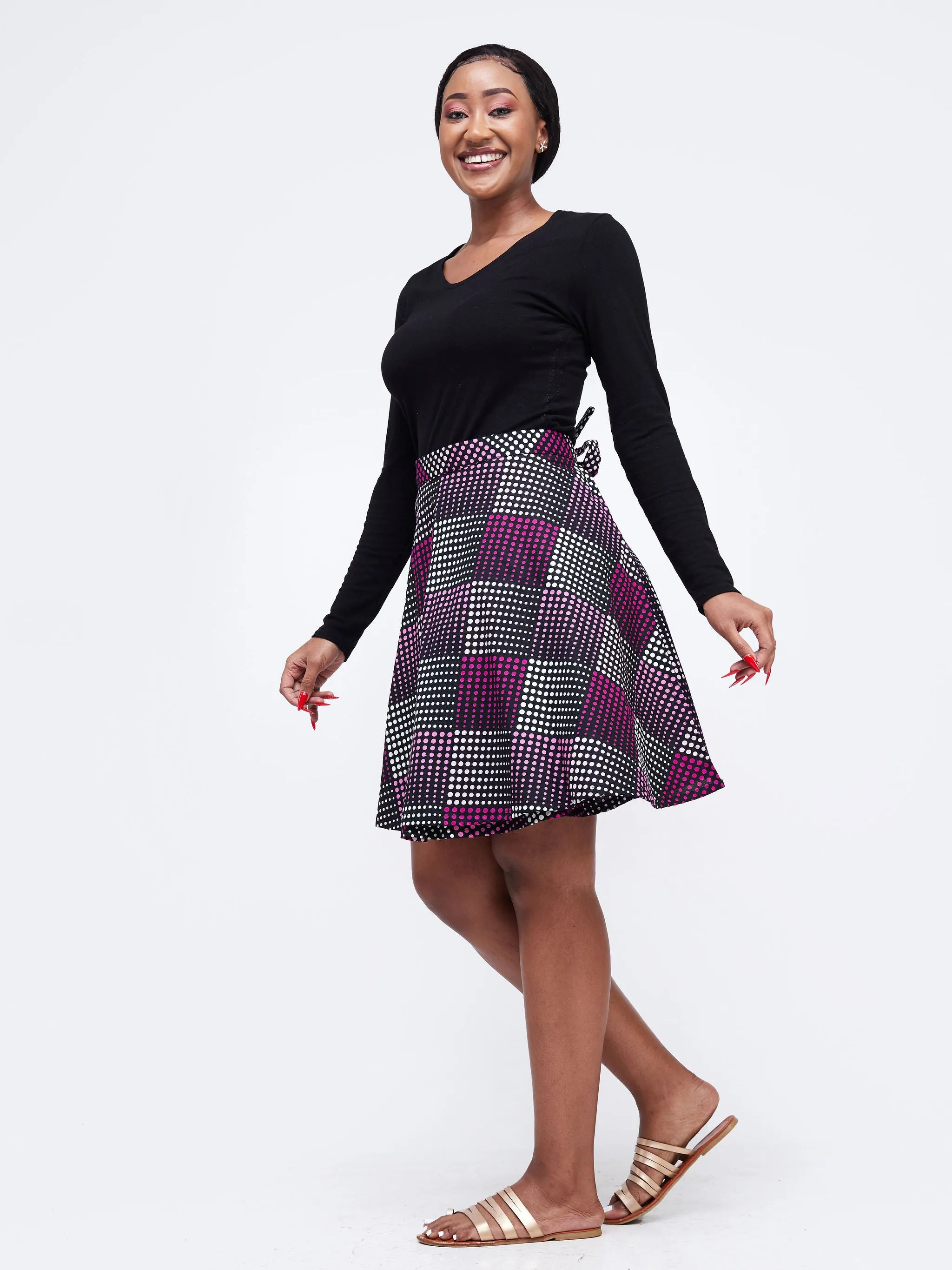 Nimali Mini A-Line Skirt - Pink / Black Polka Ankara