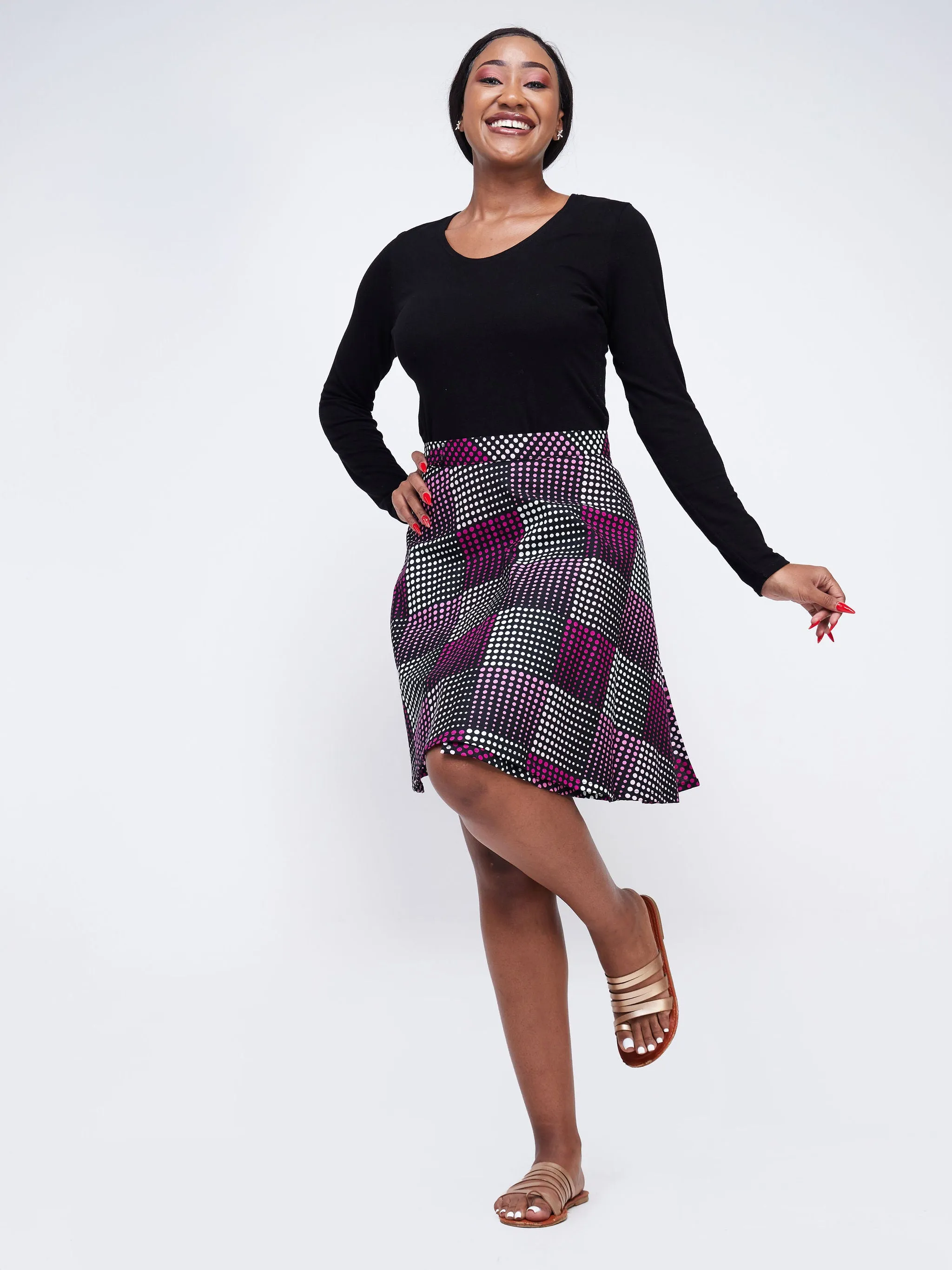 Nimali Mini A-Line Skirt - Pink / Black Polka Ankara