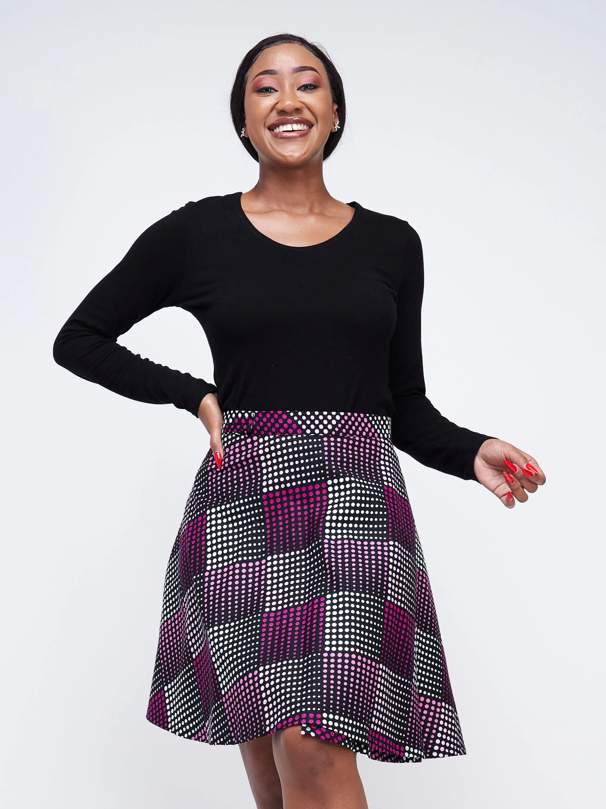 Nimali Mini A-Line Skirt - Pink / Black Polka Ankara