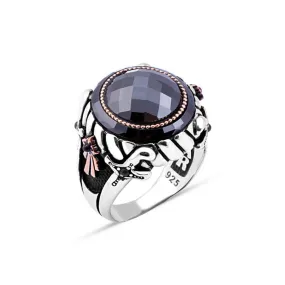 Onyx Stone Rim Around Facet Cut Circle Black Zircon Stone Silver Men's Ring Siding Double Sword and Ribbon