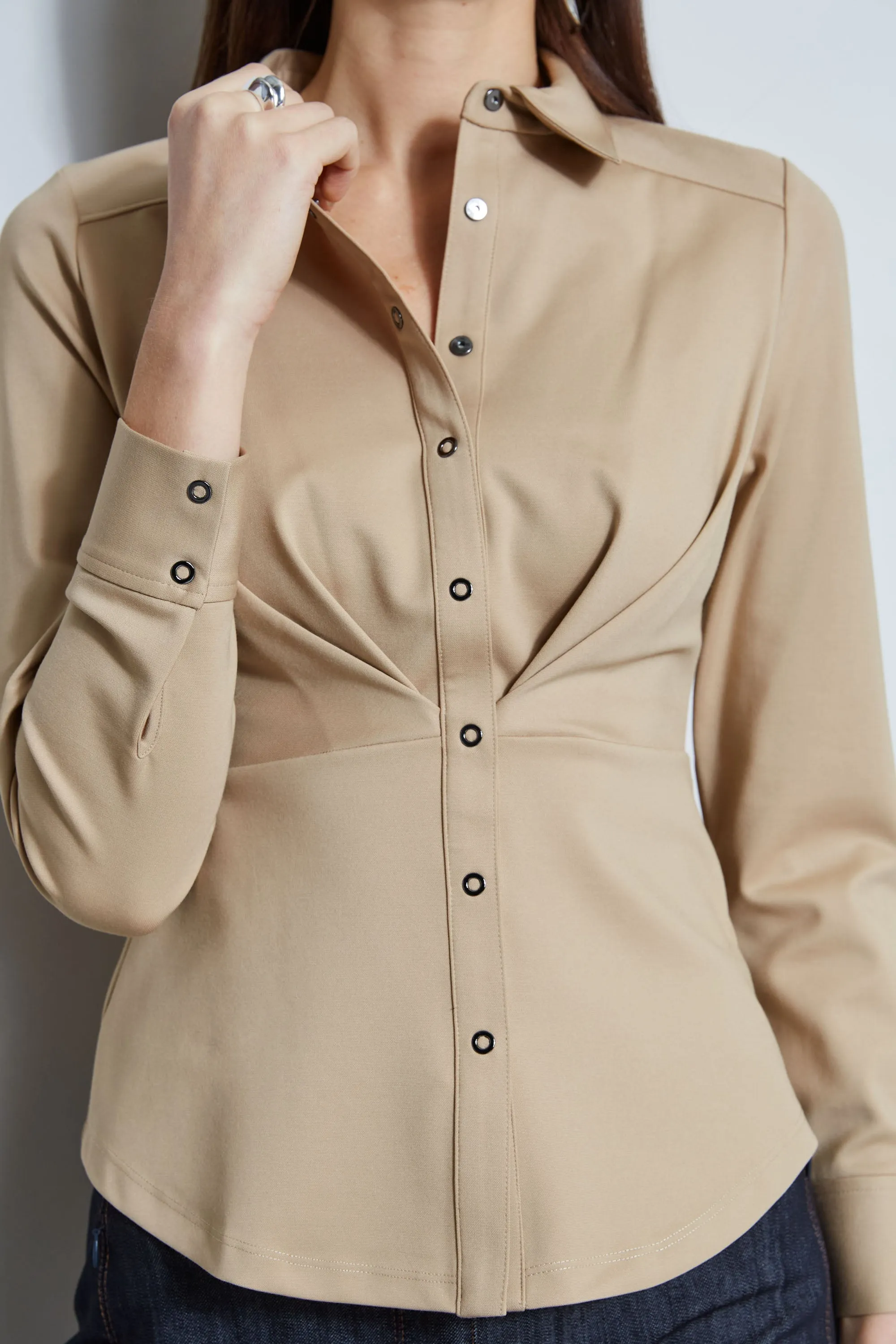 Ponte Pleated Button Down Shirt