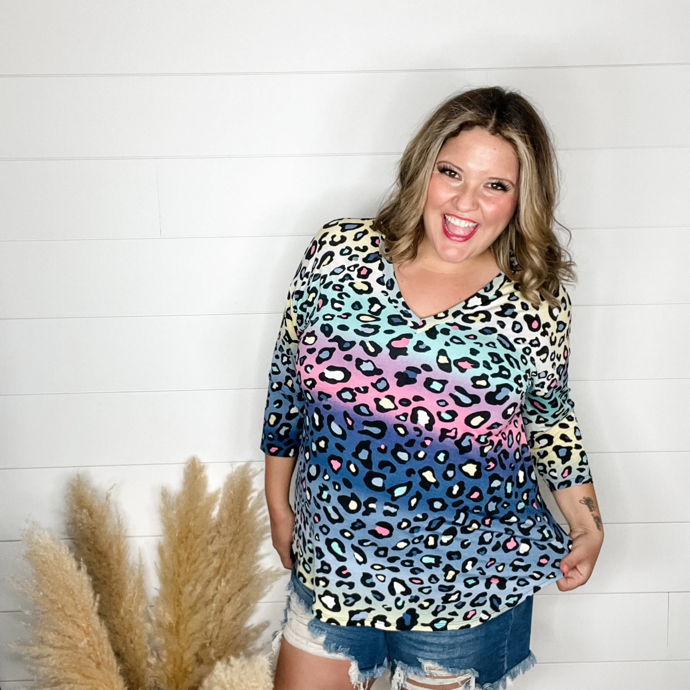 "Couldn't Help It" Animal Print 3/4 Sleeve V Neck