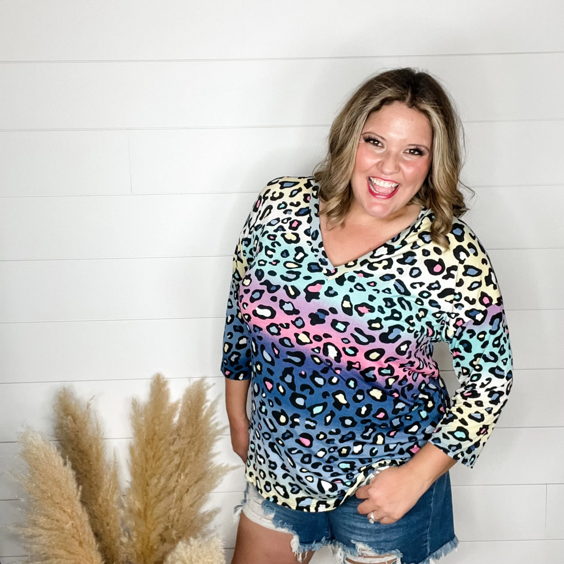 "Couldn't Help It" Animal Print 3/4 Sleeve V Neck