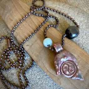 Raku Dolphin Yin-Yang Pendant with Shungite & Amazonite, on Ball Chain